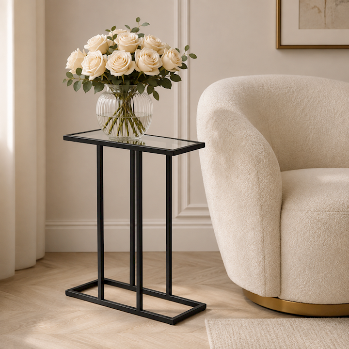 BLACK SOFA TABLE WITH MIRRORED GLASS 51x21x56cm